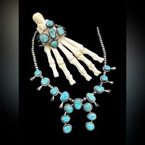 Vintage 70s Navajo Arizona Kingman Turquoise Squash Blossom Necklace & Cuff